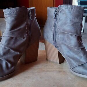 Charming Charlie Faux Leather Distressed Taupe Stacked Tasseled PeepToe Booties